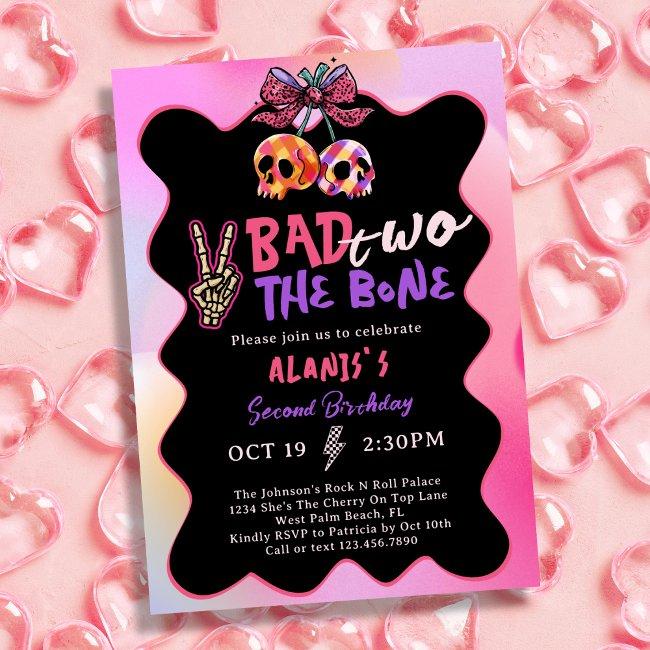 Bad Two The Bone Pink Purple 2nd Birthday Party Invitation