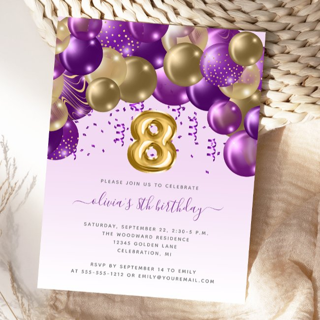 Balloon Arch Purple Gold Girls 8th Birthday Party Postinvitations