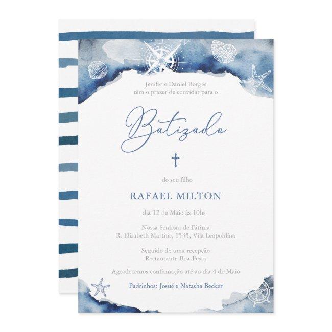 Baptism Ceremony For Boy In Portuguese Navy Blue Invitation