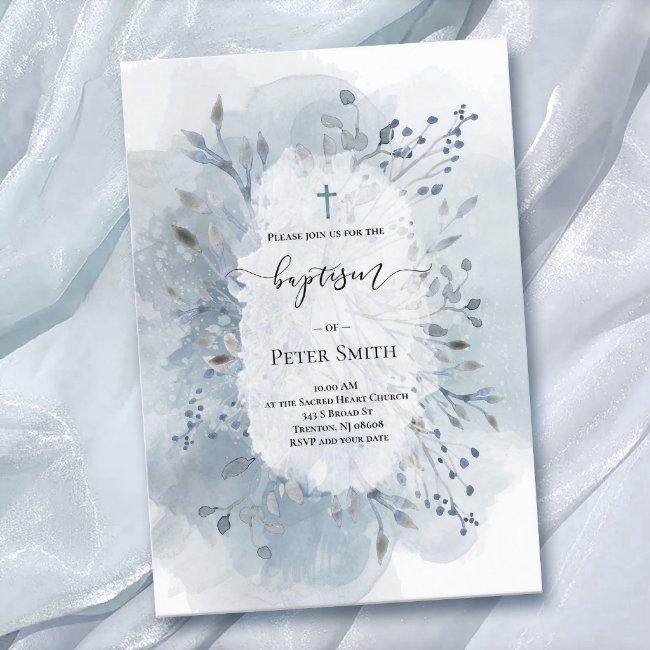 Baptism Dusty Blue Watercolor Splash Foliage Invitation