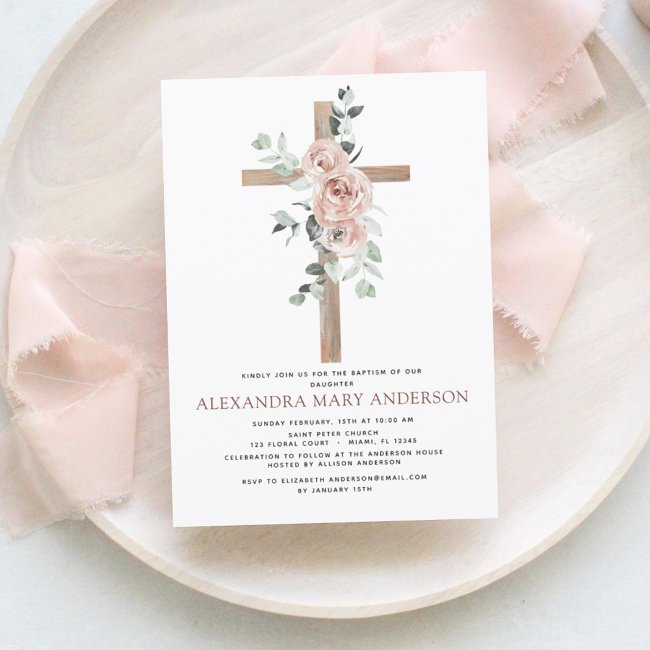 Baptism Dusty Pink Rose Greenery Eucalyptus Invitation