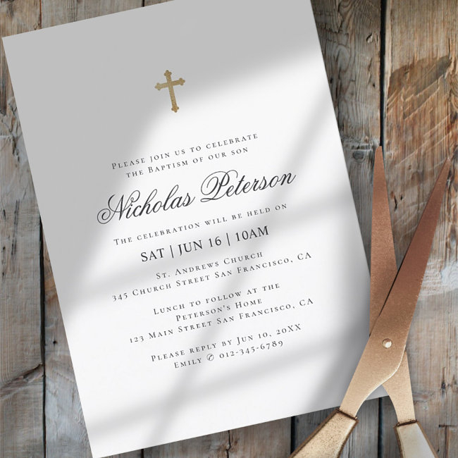 Baptism For Him | Minimalist Gold Cross Invitation