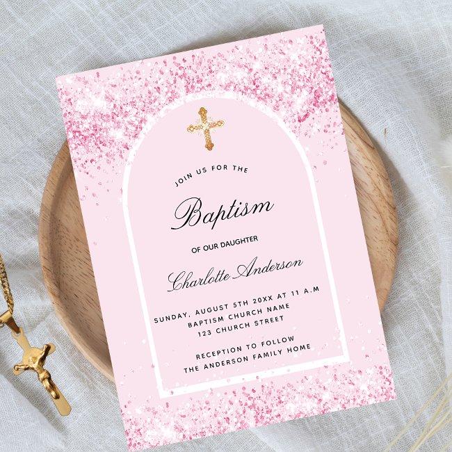 Baptism Pink Glitter Arch Girl Cross Invitation