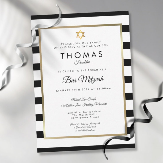 Bar, Bat Mitzvah Classic Black White Stripe Gold Invitation