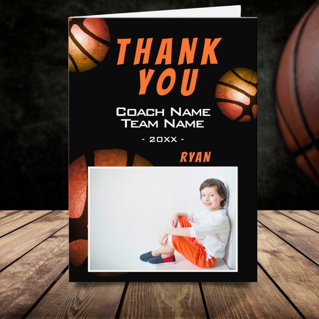 Basketball Metallic Photo Thank You Coach Invitations