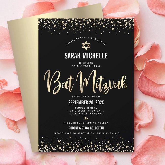 Bat Mitzvah Modern Black Gold Glitter Foil Script Invitation