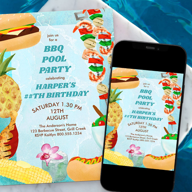 Bbq Pool Party Birthday Invitation