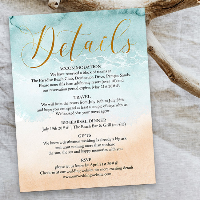 Beach Gold Calligraphy Destination Wedding Details Enclosure Invitations