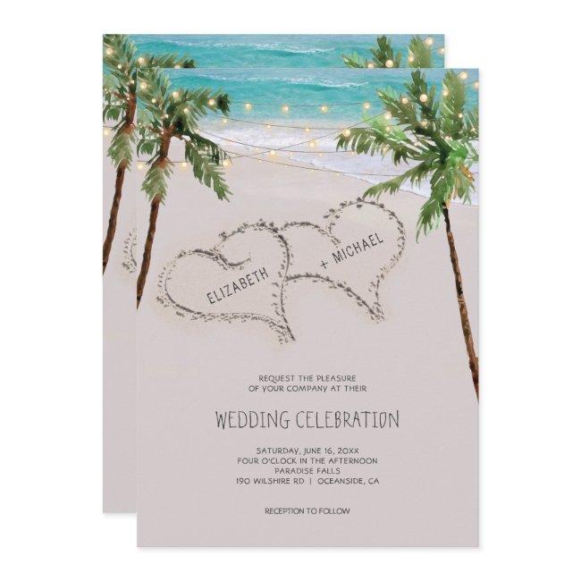 Beach Sand Hearts Tropical Palm | Modern Wedding Invitation