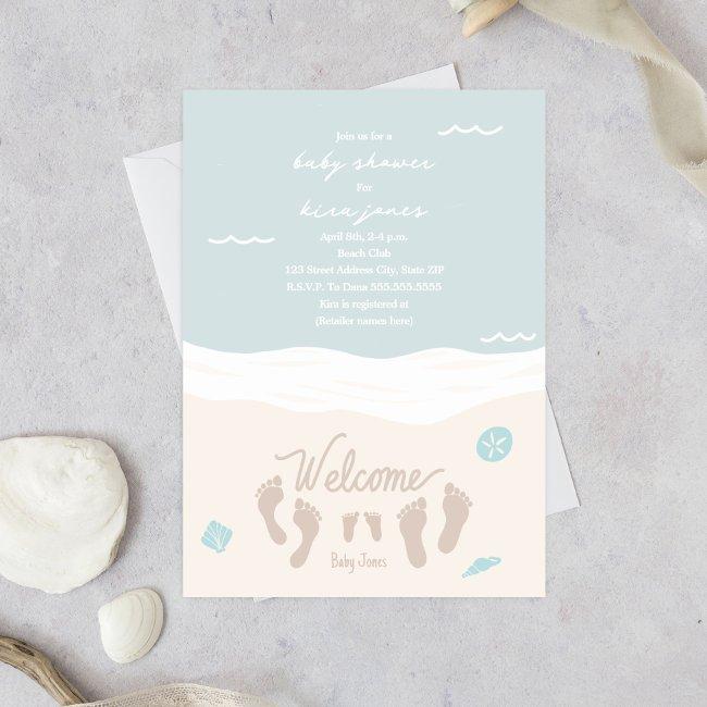 Beach Waves Footprints Blue Boy Baby Shower Invitation