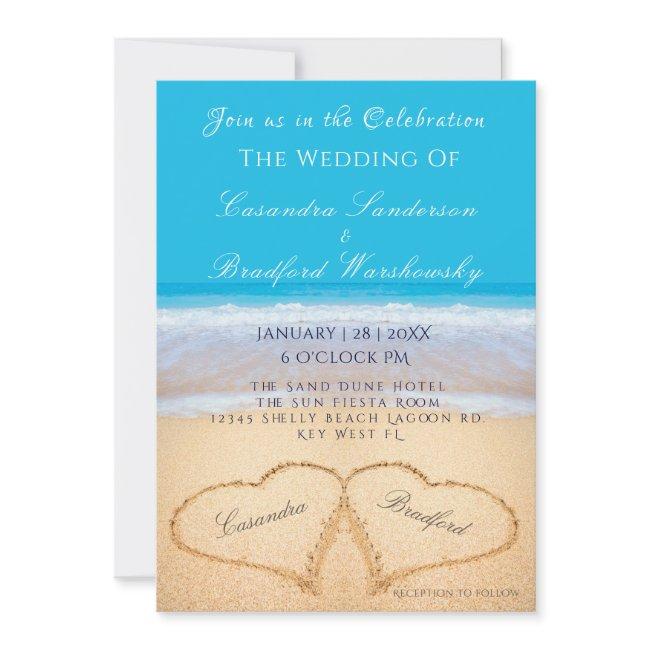 Beach Wedding 2 Hearts Sand Wedding Ocean Blue Inv Invitation