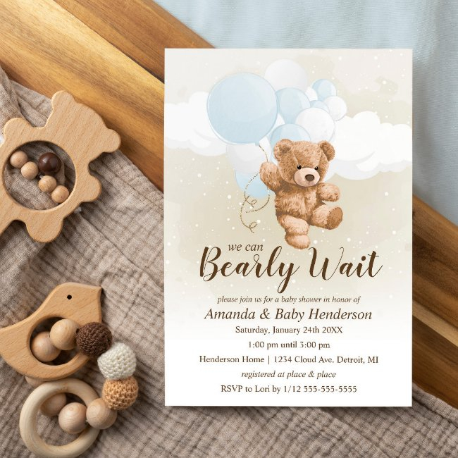 Bearly Wait Neutral, Blue And White Baby Shower Invitation