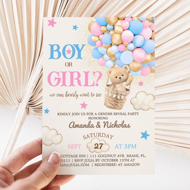 Bearly Wait Teddy Bear Balloons Gender Reveal Invitation
