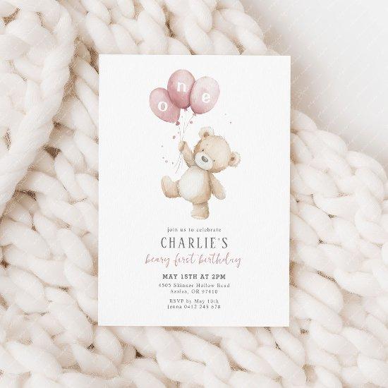 Beary First Pink Balloon Boy 1st Birthday Teddy Invitation