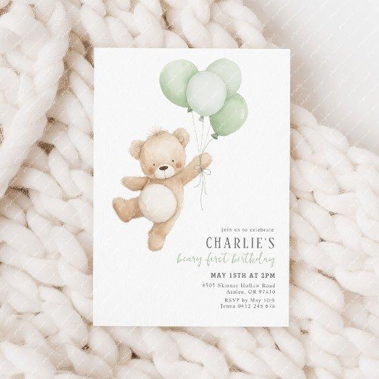 Beary First Sage Balloon Boy 1st Birthday Teddy Invitation