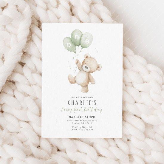 Beary First Sage Green Balloon Boy 1st Birthday Invitation