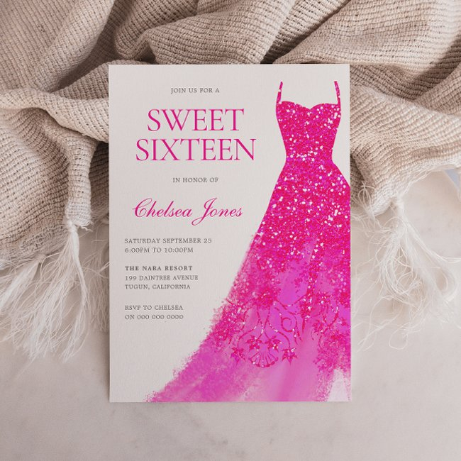 Beautiful Pink Dress Sweet Sixteen 16 Party Invitation