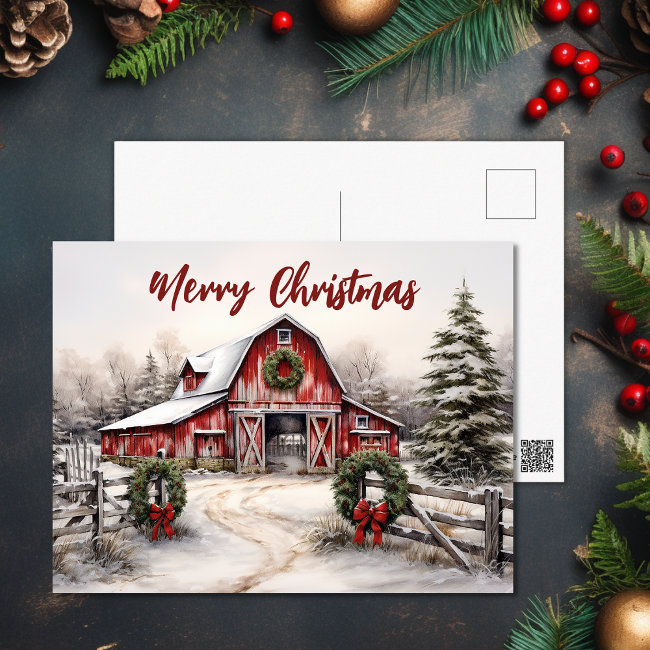Beautiful Snowy Winter Rustic Red Barn Christmas Holiday Postinvitations