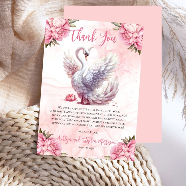 Beautiful Swan Pink Floral Girl Baby Shower Thank You Invitations