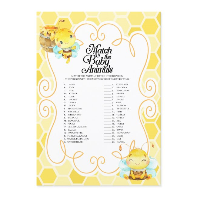 Bee Baby Shower Match The Baby Animals Game Invitation