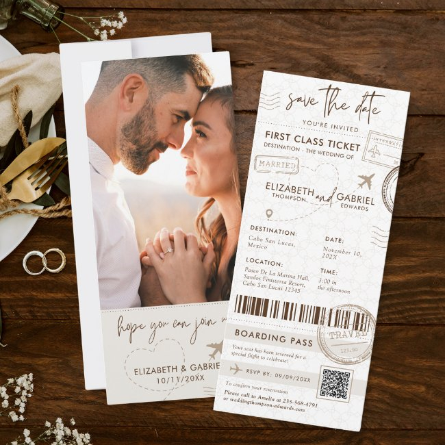 Beige Boarding Pass Destination Photo Wedding Invitation