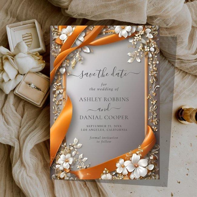 Beige Orange Ribbons Ornate Floral Save The Date Invitation