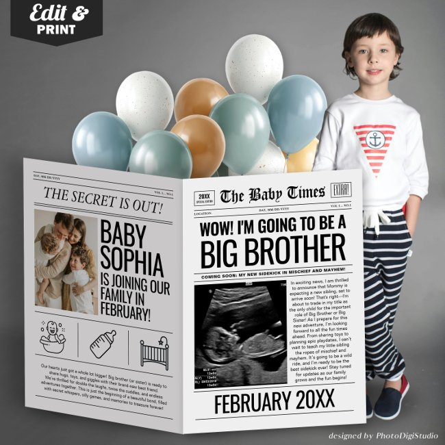 Big Brother Pregnancy Announcement Newspaper Prop Invitations