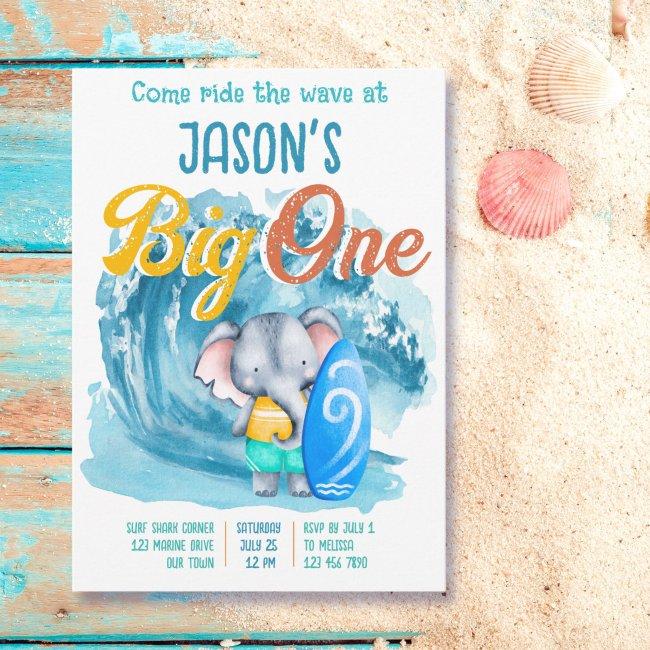 Big One Surfing Beach 1st Birthday Party E;ephant Invitation