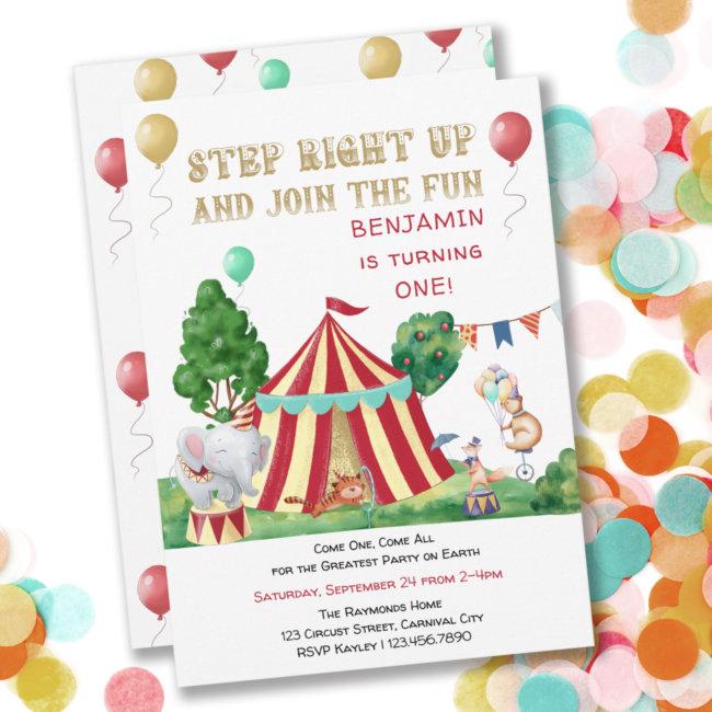 Big Top And Circus Animals 1st Birthday Invitation