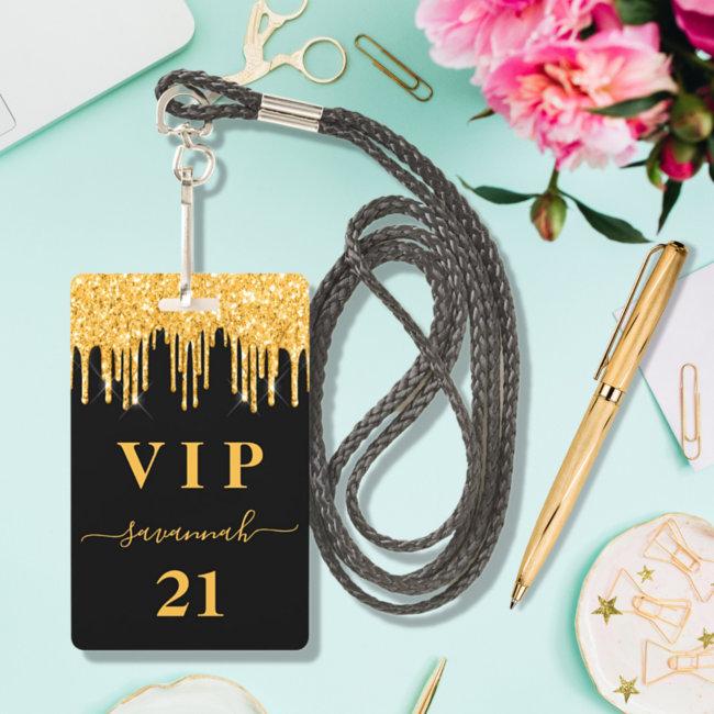 Birthday Black Gold Glitter Drips Monogram Vip Badge