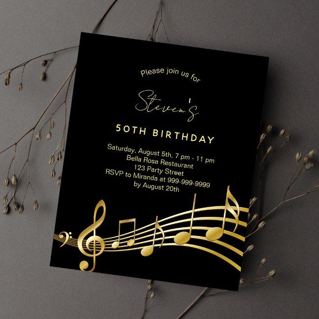 Birthday Black Gold Music Notes Budget Invitation Flyer