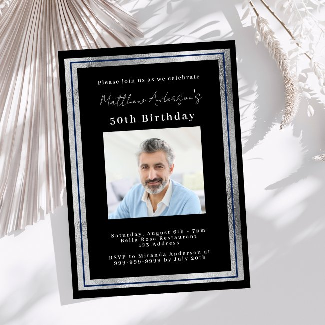 Birthday Black Silver Photo Luxury Invitation
