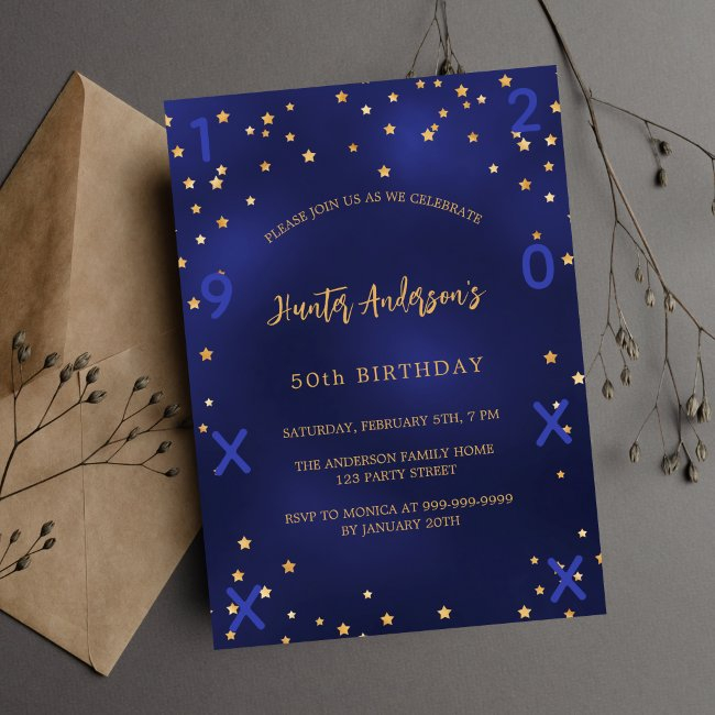 Birthday Navy Blue Gold Stars Birth Year Invitation Postinvitations
