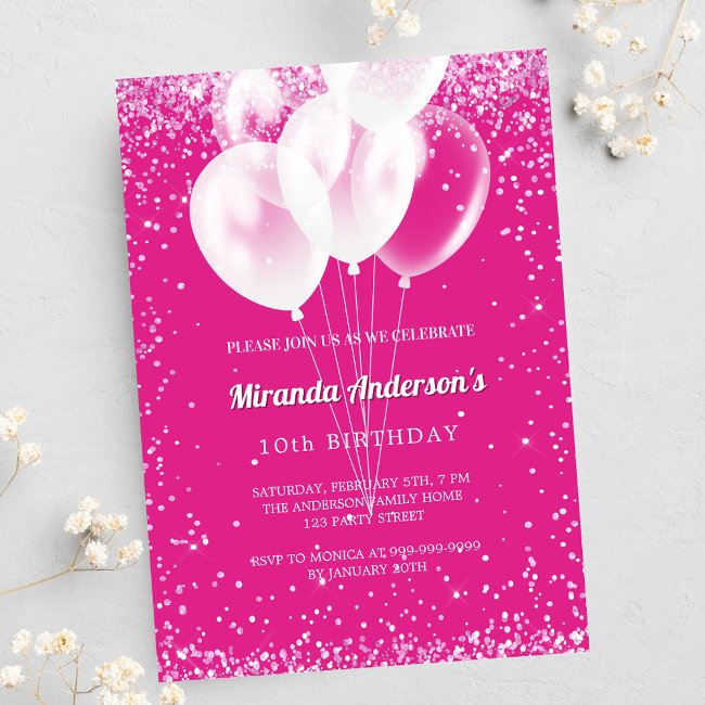 Birthday Party Girl Hot Pink White Balloons Invitation Postinvitations