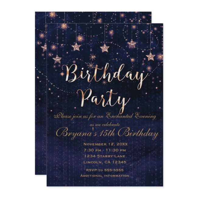 Birthday Party Starry Night Whimsical Purple Gold Invitation