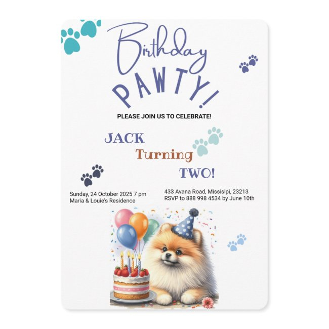 Birthday Pawty Pomeranian Dog Customized Birthday Invitation