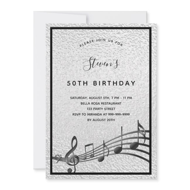 Birthday Silver Black Music Notes Metallic Invitation