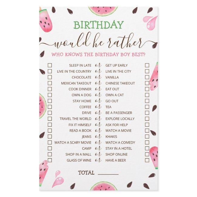 Birthday Would He Rather Editable Game Watermelon