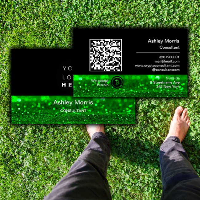 Bit Me Qr Code We Accept Bitcoins Green Glitter Business Invitations