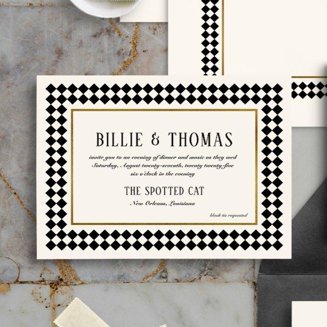 Black And Gold On Ivory Checkerboard Border Jazz Invitation