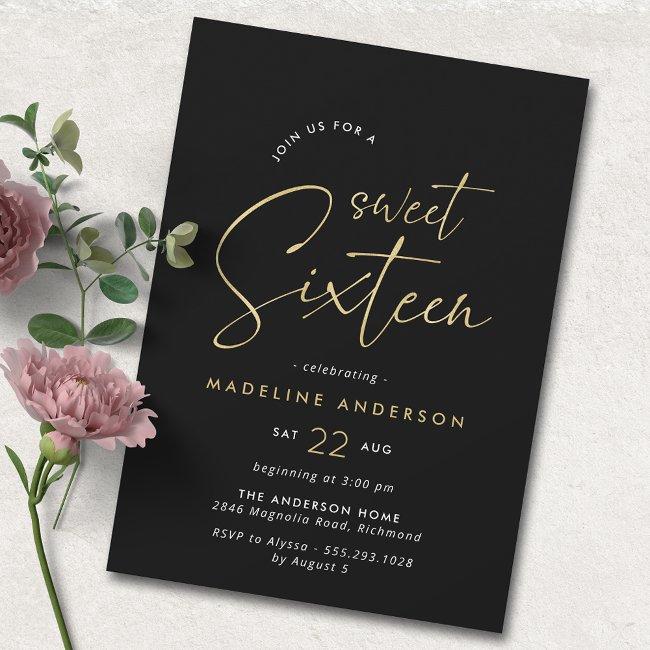 Black And Gold | Simple Glam Sweet 16 Birthday Invitation