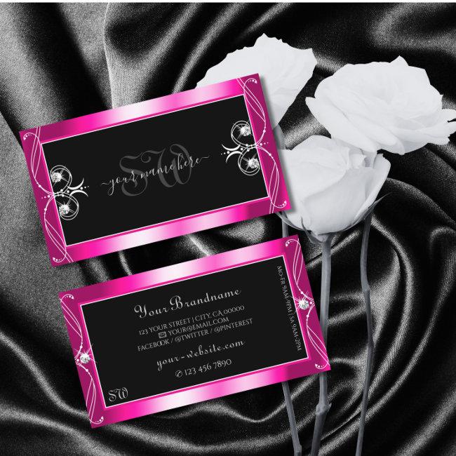 Black And Pink Sparkle Diamonds Ornaments Monogram Business Invitations