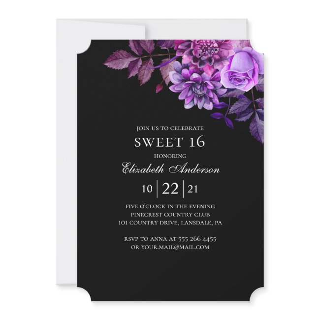 Black And Purple Sweet 16. Floral 16th Birthday Invitation
