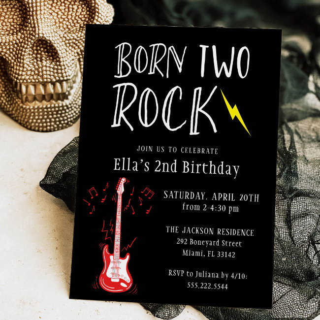 Black And White Born Two Rock Guitar 2nd Birthday Invitation