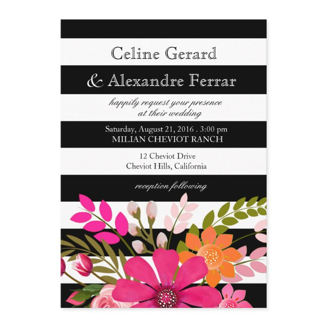 Black And White Striped Flowers Wedding Fuchsia Invitation
