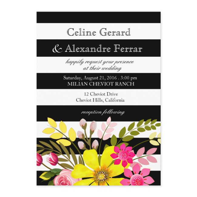 Black And White Striped Flowers Wedding Yellow Invitation