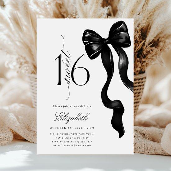 Black Bow Sweet Sixteen Birthday Invitation