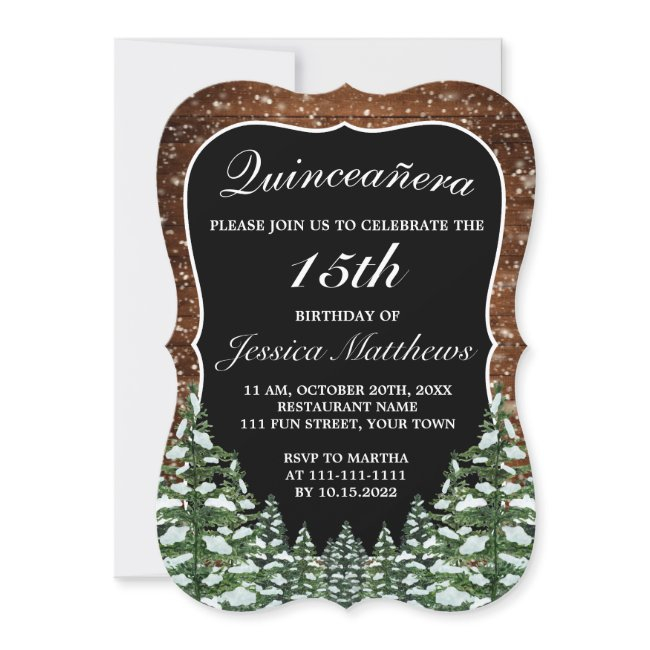 Black Bracket Snowy Forest Pine Tiara Quinceañera Invitation