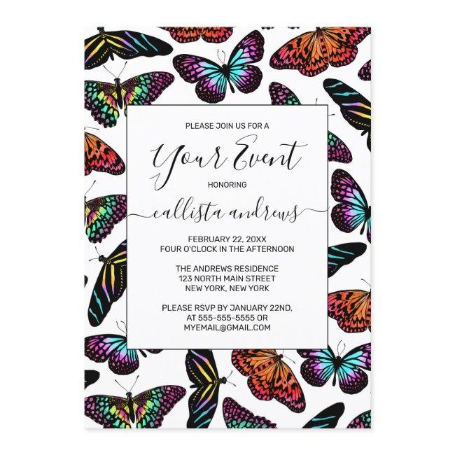 Black Colorful Butterflies Watercolor Pattern Invitation