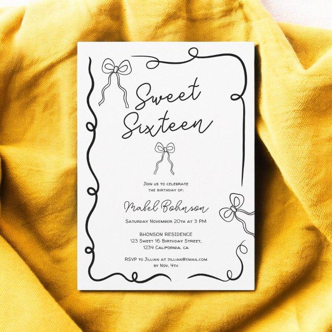 Black Cute Bows Ribbons Illustrations Sweet 16 Invitation